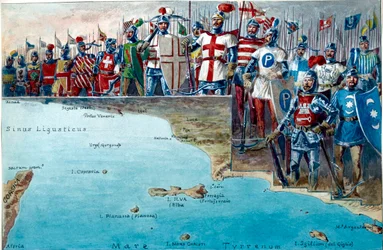 Map of the battleground of the Battle of Meloria in 1284, with the uniforms and military costumes of the Genoese troops participating in it.